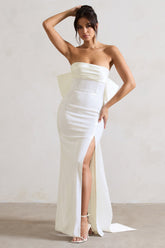 White Sequin Bandeau Split Maxi Dress With Oversized Bow